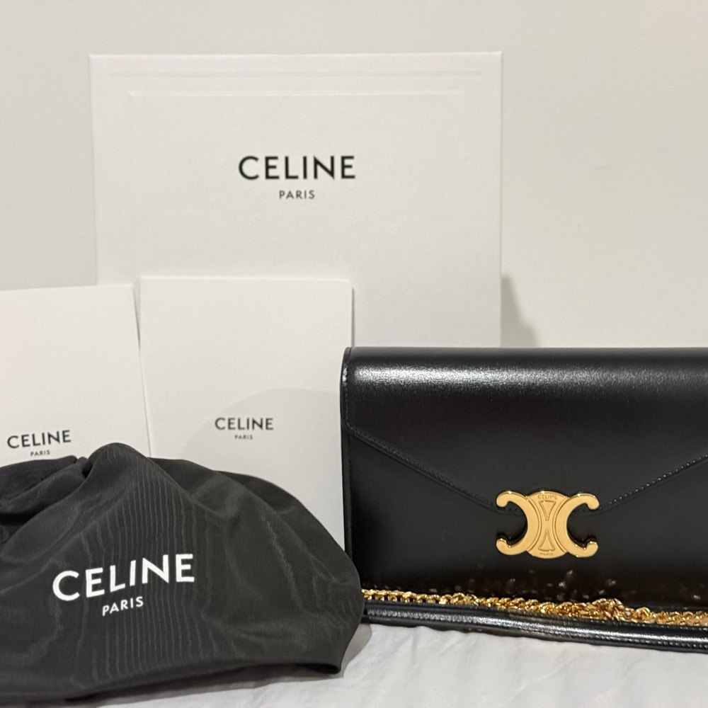 Celine Black Clutch with Gold Chain Detail